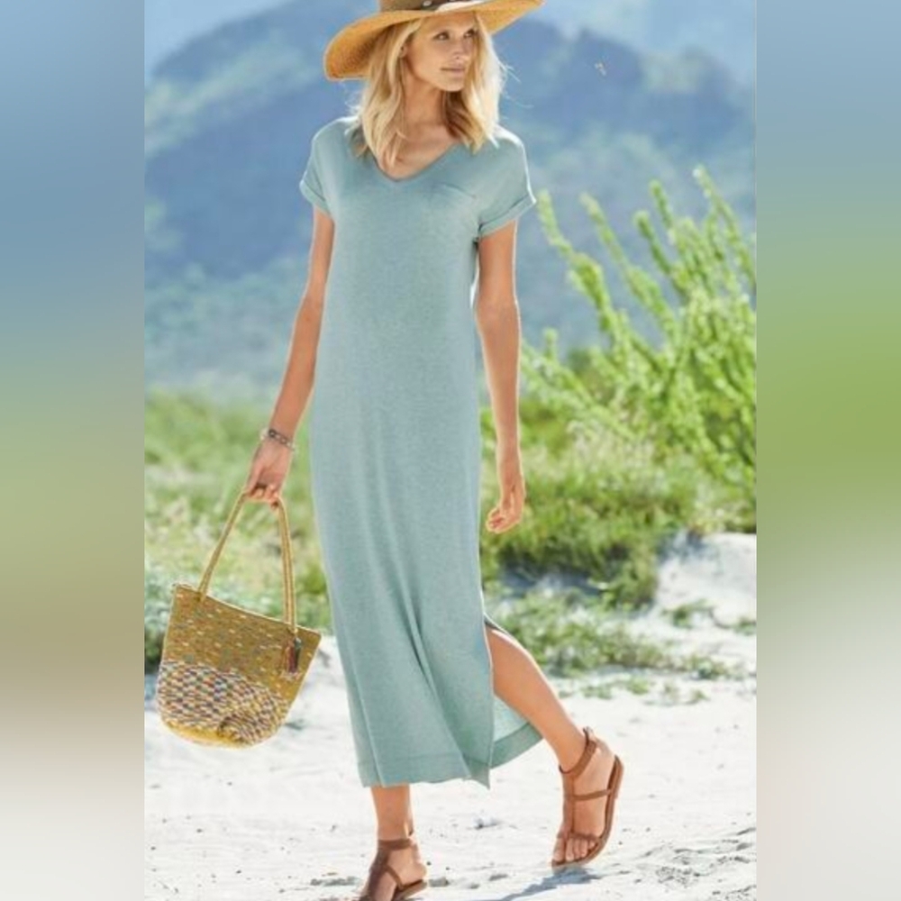 Peruvian Connection Coastal Malibu Seafoam Jersey Knit Shirt Maxi Dress